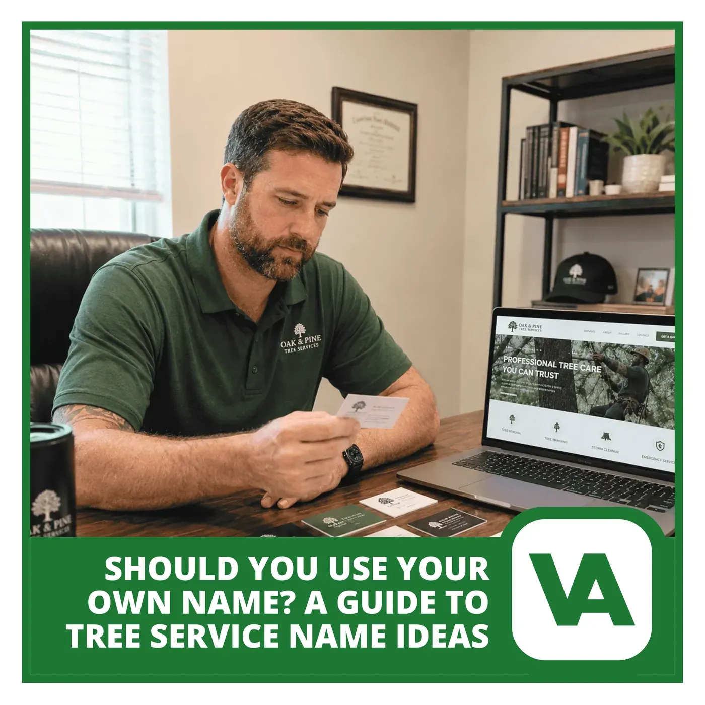 Tree service business owner reviewing business name and branding options at a desk — tree service name ideas guide by Valpo Agency
