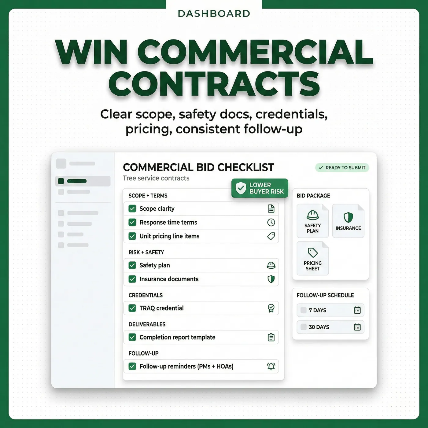 Commercial tree service contracts bid checklist on a contractor dashboard showing scope clarity, safety plan, insurance documents, TRAQ credential, response time terms, unit pricing line items, completion report template, and follow-up reminders for property managers and HOAs.