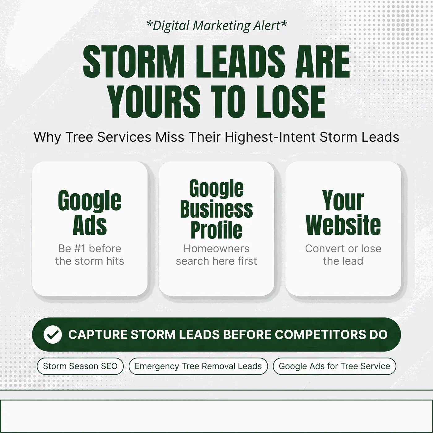 Valpo Agency infographic on tree service storm leads - Google Ads, Google Business Profile, and website strategies to capture emergency tree removal leads