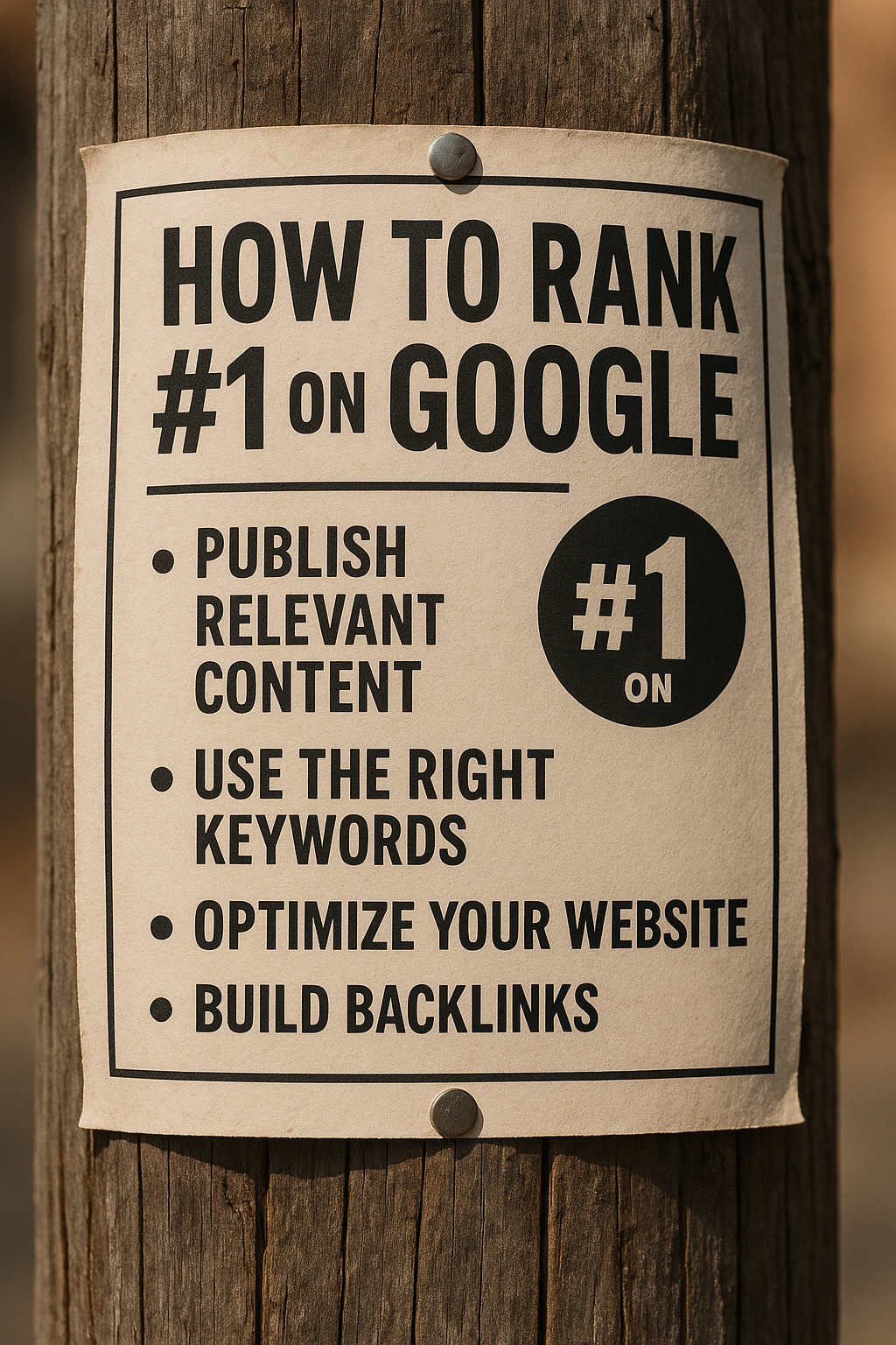 Rree service SEO-Poster tacked to a wooden pole showing tips on how to rank #1 using tree service SEO strategies