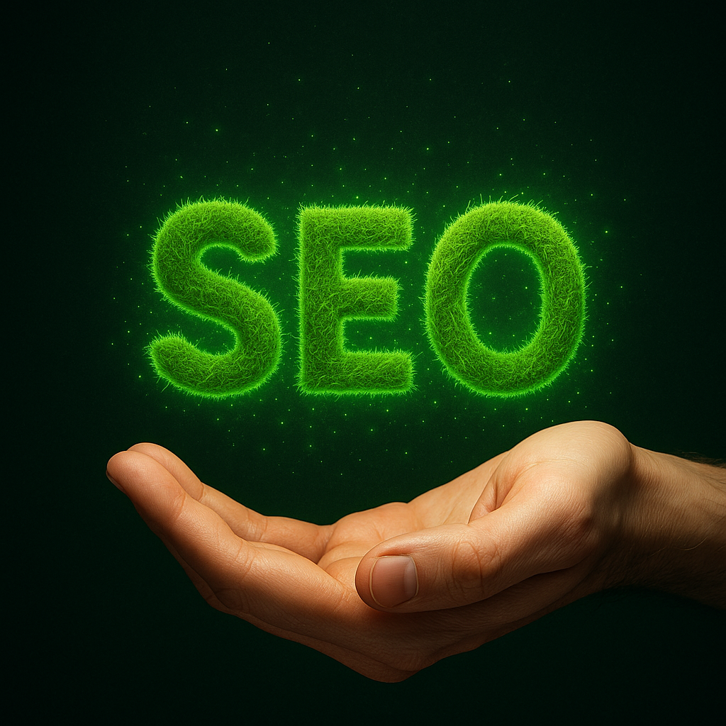 Tree service seo company- A hand holding glowing green grass-textured letters spelling “SEO” on a dark background