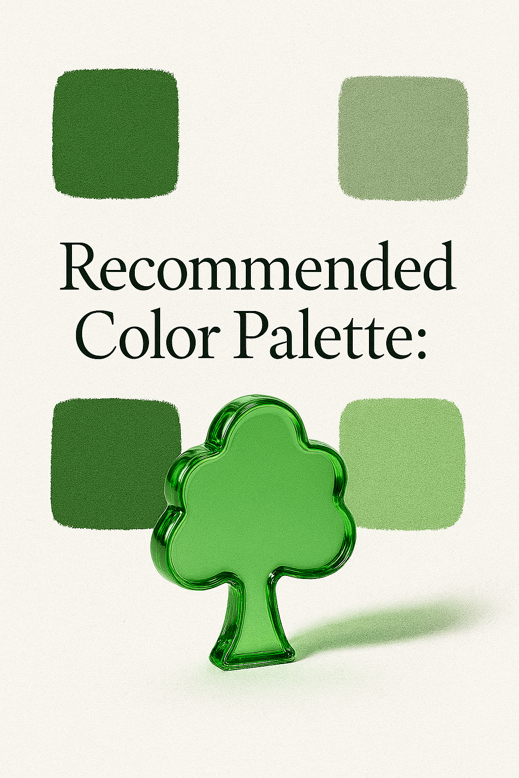 website color suggestions for home services-A green glass tree figurine in front of four painted color swatches in earthy green tones with a soft shadow on a textured white background.