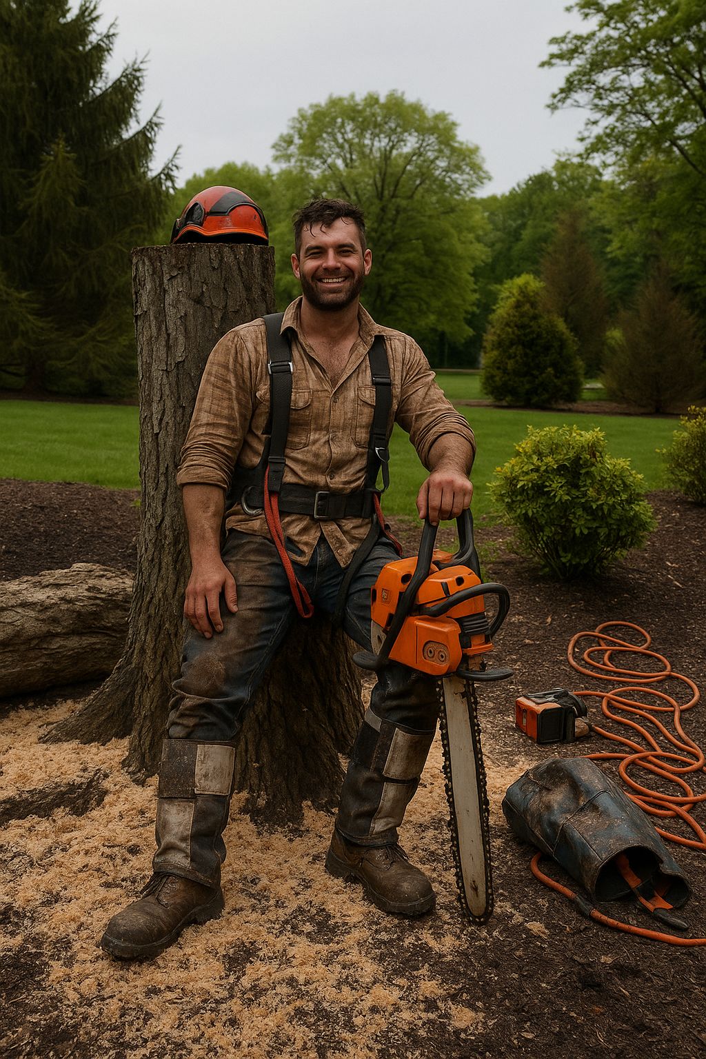 How to Market a Tree Service- A smiling tree service professional holding a chainsaw beside a freshly cut stump, symbolizing successful marketing and branding for arborist businesses.