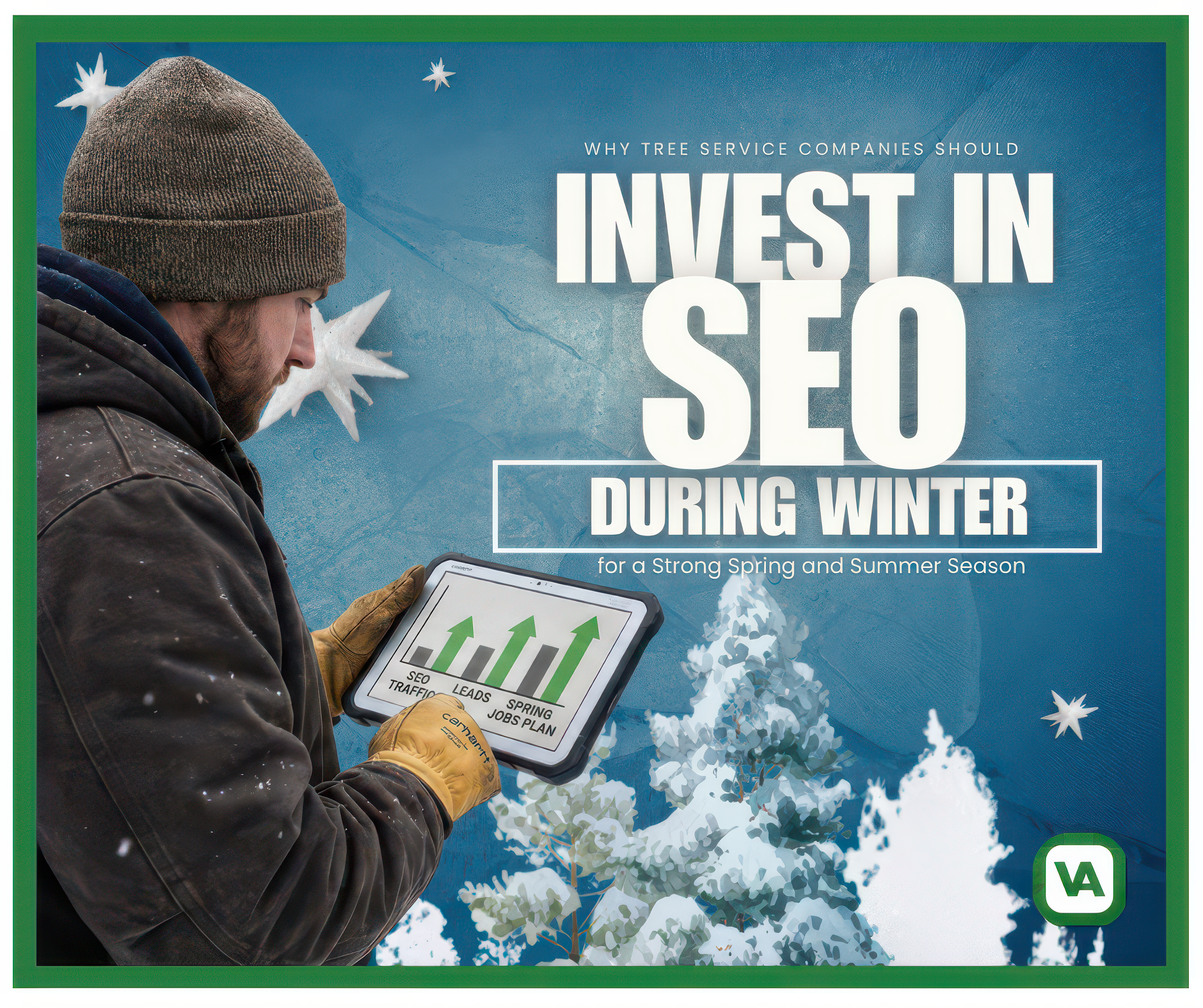 Tree service professional reviewing SEO growth charts on a tablet during winter, highlighting why tree companies should invest in SEO for stronger spring and summer results.