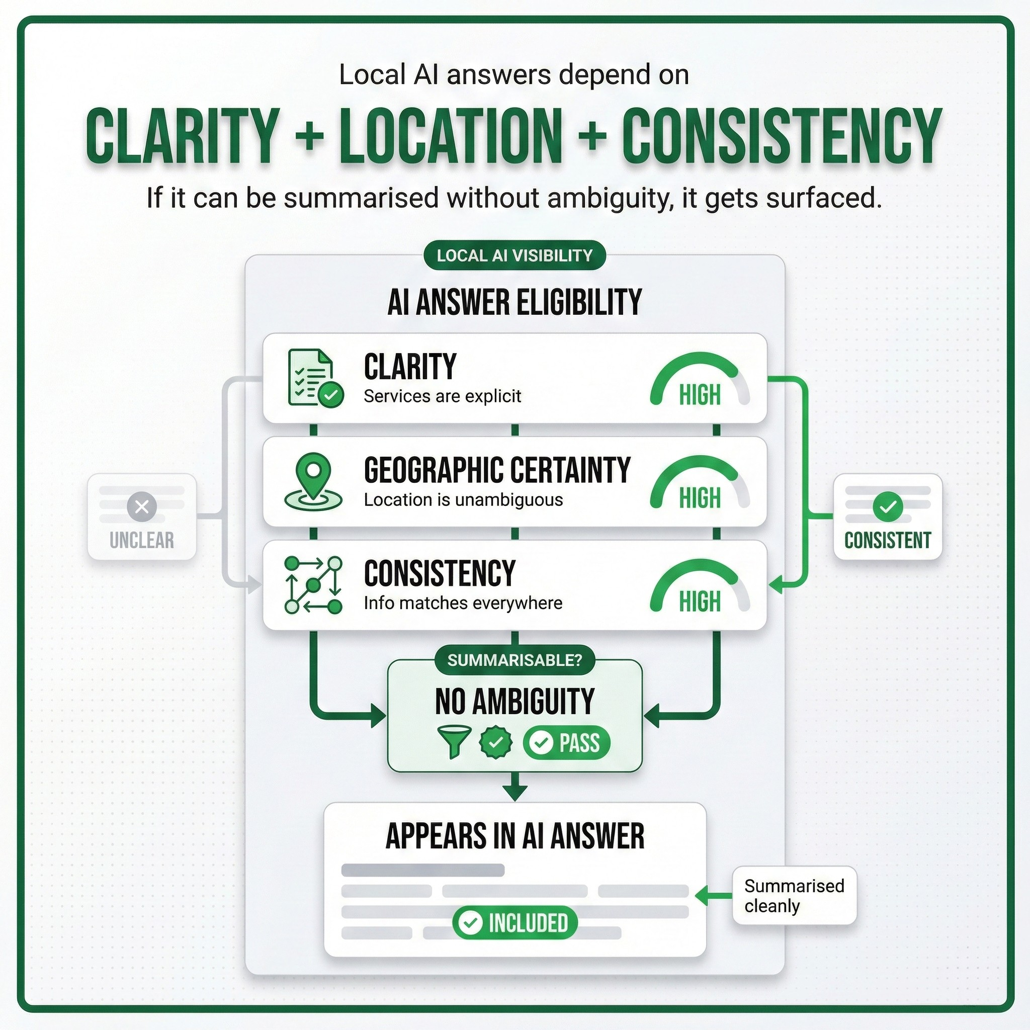 Diagram showing how clarity, geographic certainty, and consistency determine whether local businesses appear in AI answers