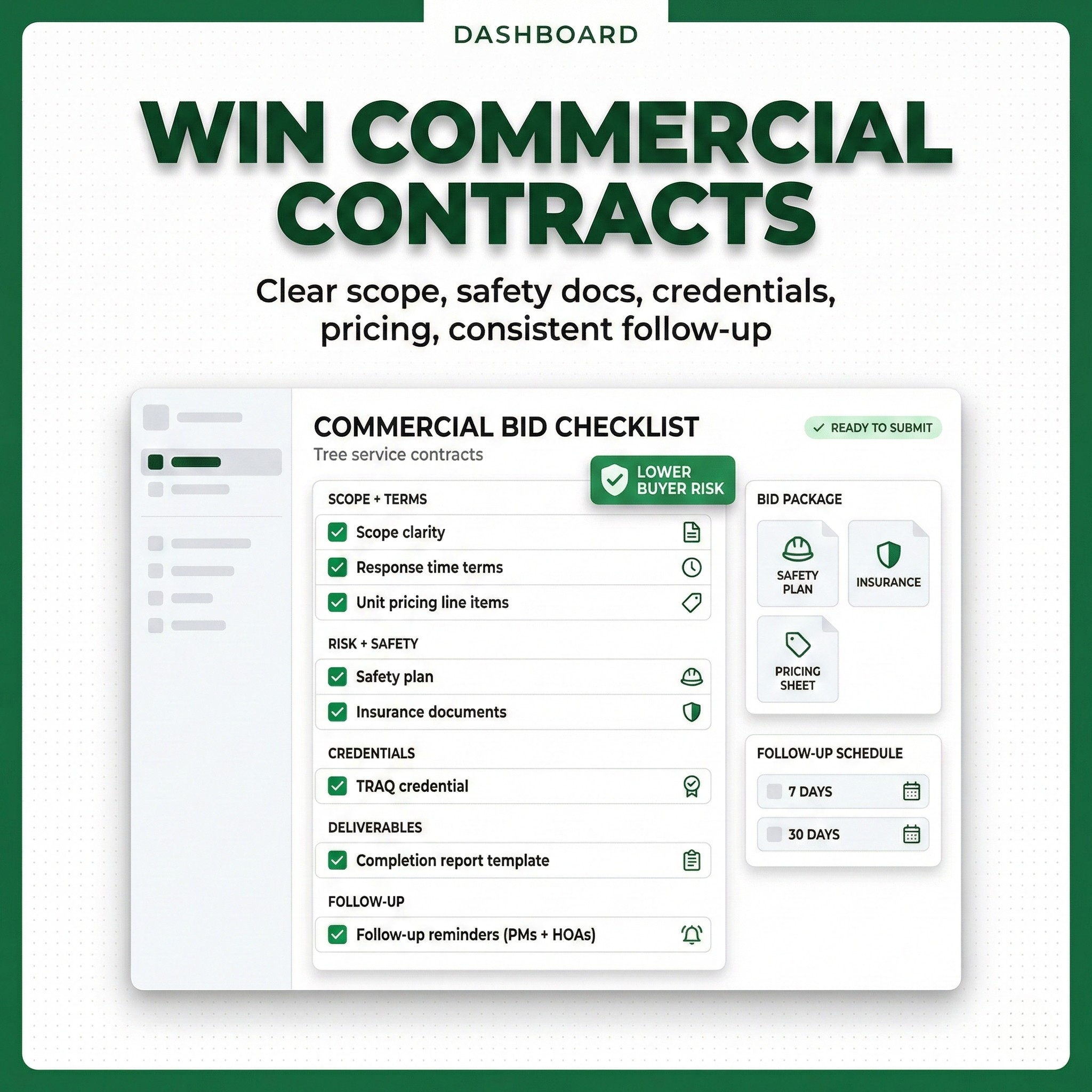 Commercial tree service contracts bid checklist on a contractor dashboard showing scope clarity, safety plan, insurance documents, TRAQ credential, response time terms, unit pricing line items, completion report template, and follow-up reminders for property managers and HOAs.