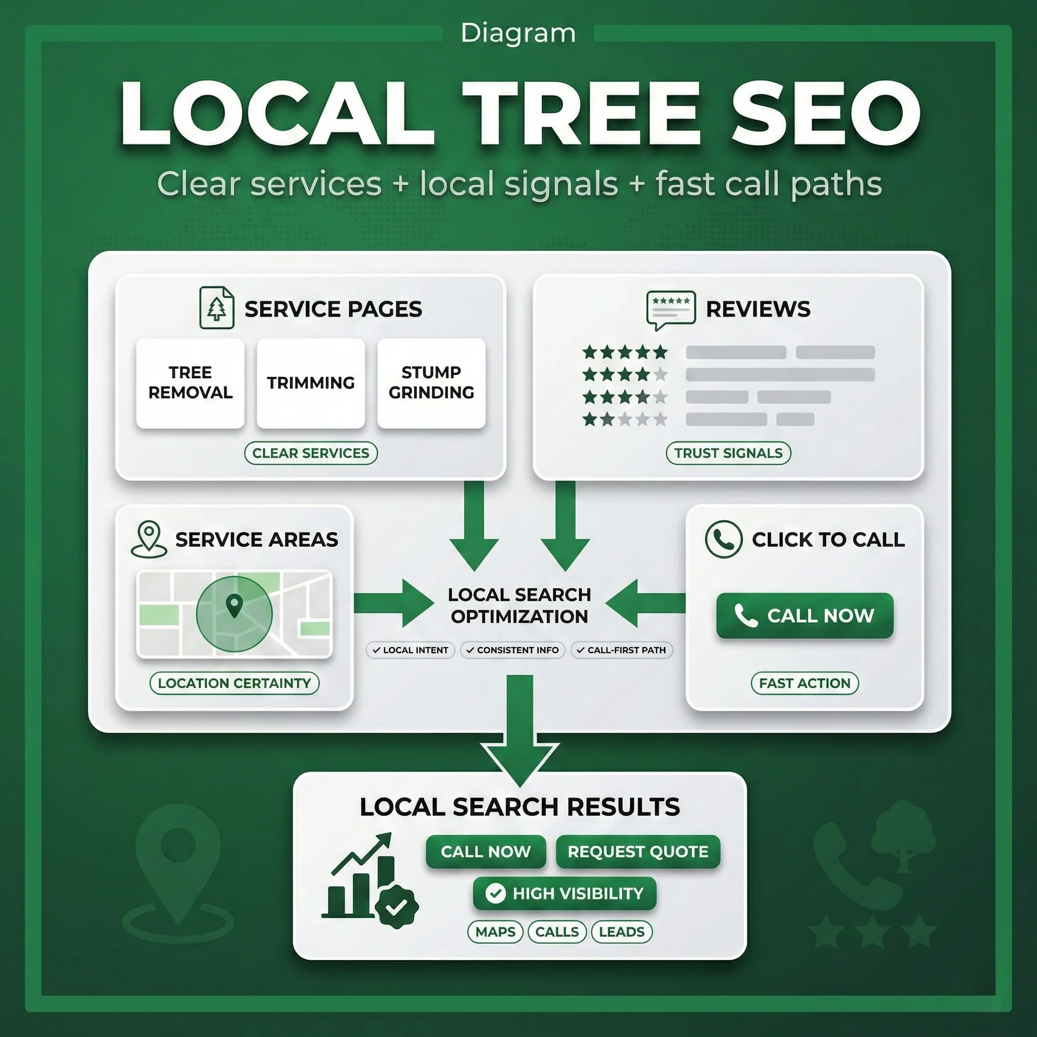 Diagram showing how to optimize a tree service website for local search using service pages, reviews, service areas, and click-to-call elements