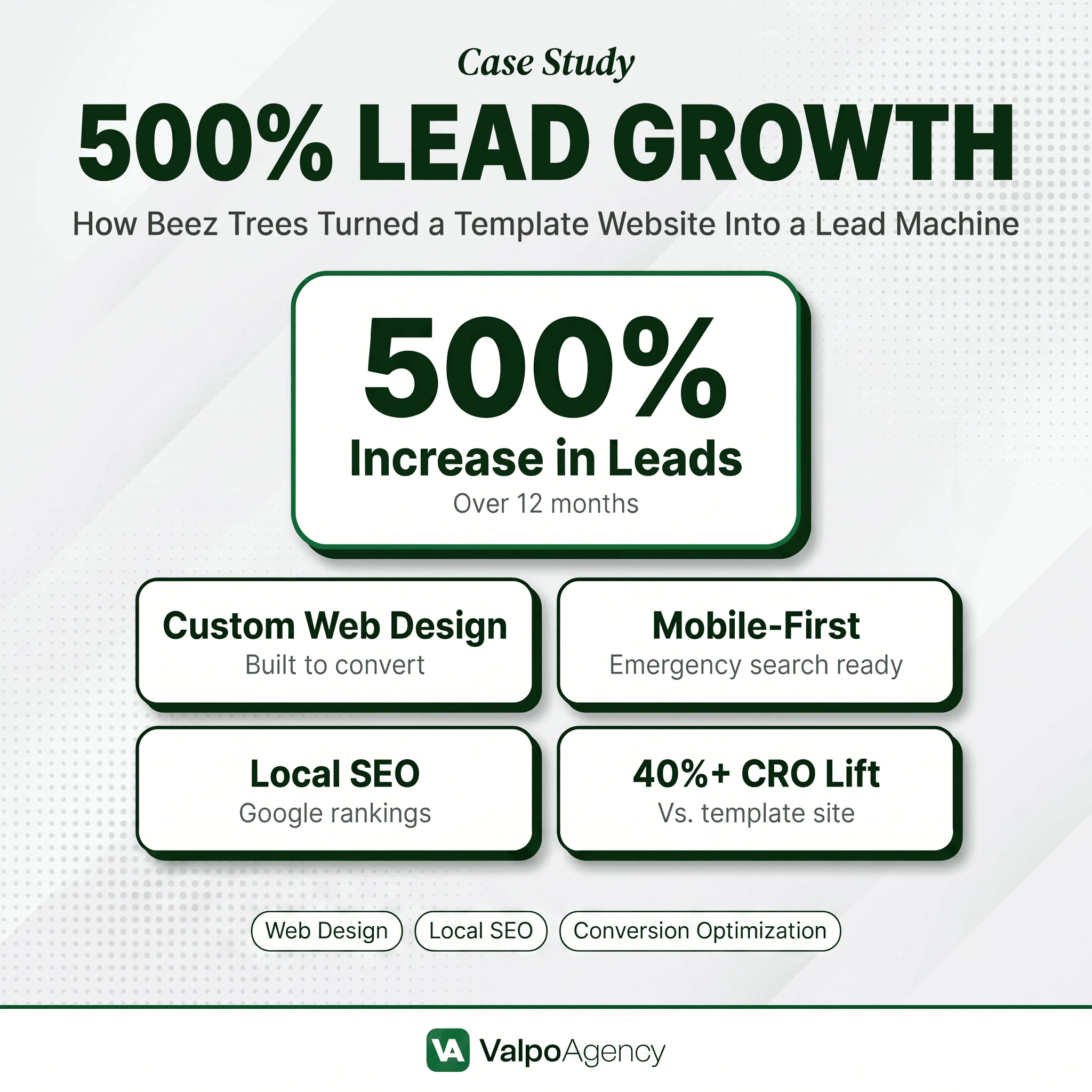 Valpo Agency case study infographic showing how Beez Trees achieved 500% lead growth over 12 months through a custom conversion-optimized website, local SEO, and mobile-first design