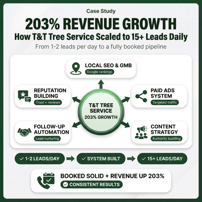 See how Valpo Agency helped T&T Tree Service drive 203% revenue growth and scale to 15+ exclusive leads per day with a high-converting website, Google Ads, and Local SEO.