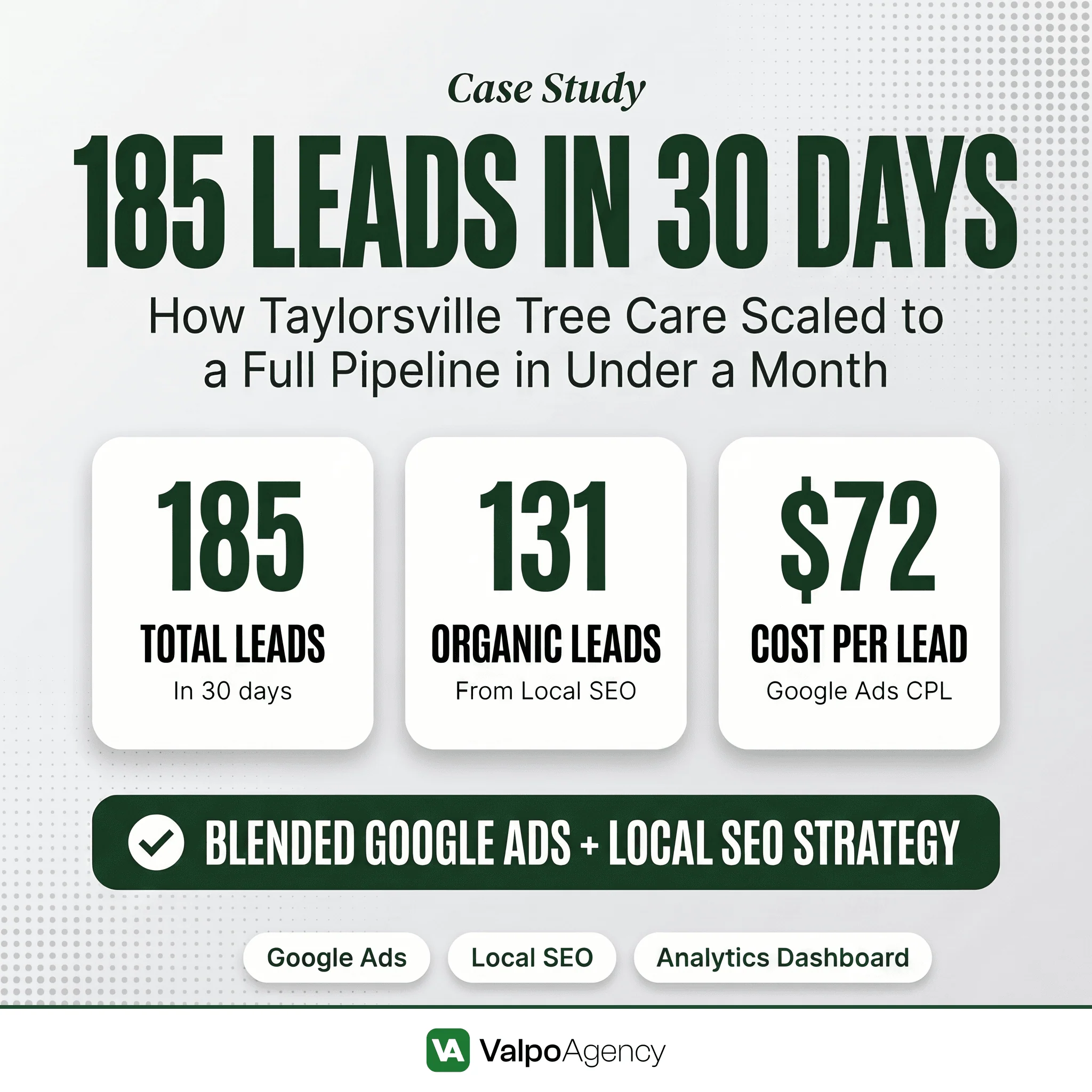 Valpo Agency case study infographic showing how Taylorsville Tree Care generated 185 leads in 30 days using a blended Google Ads and local SEO strategy, achieving 131 organic leads and a $72 cost per lead