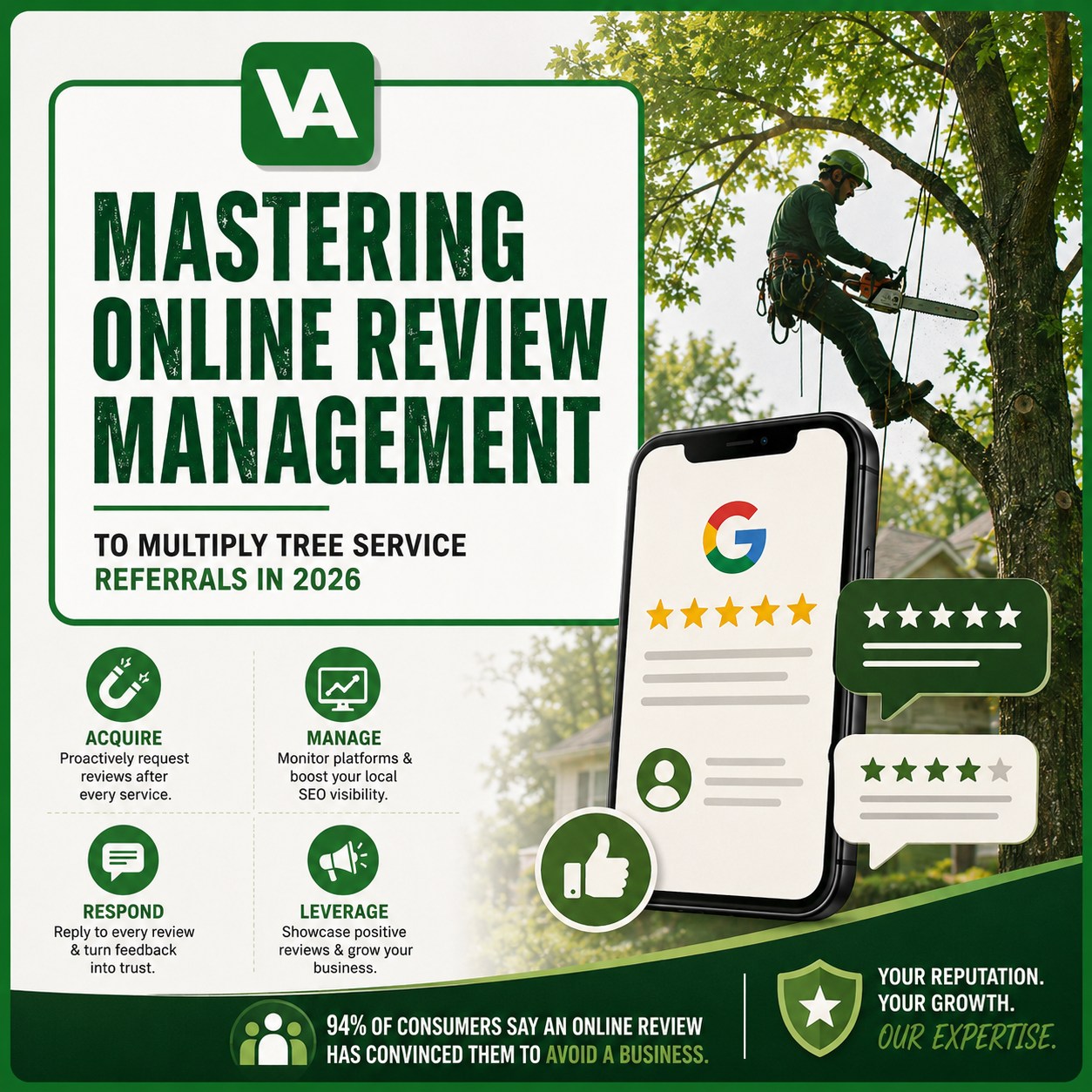 A Valpo Agency representative pointing to a positive online review on a tablet, showcasing effective online review management for tree service business.