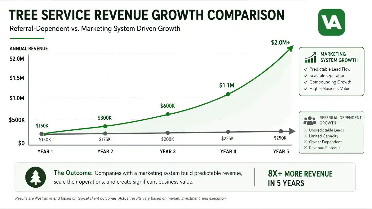 Valpo Agency tree service company revenue growth comparison showing referral-dependent versus marketing system driven growth