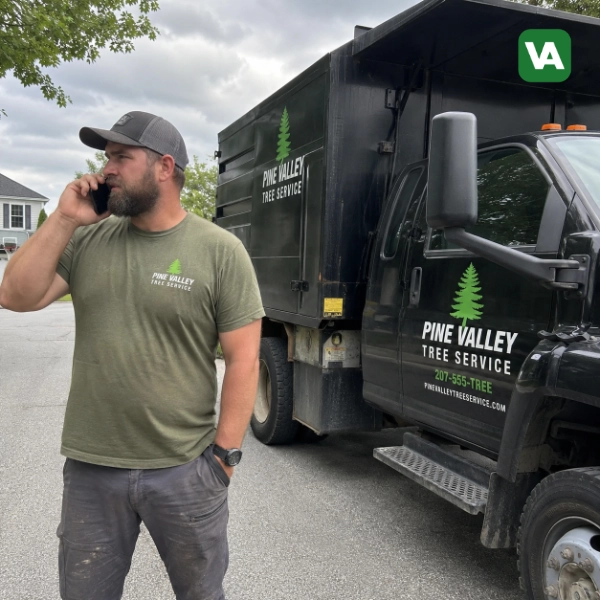 Valpo Agency tree service lead generation guide showing professional tree service owner taking inbound call