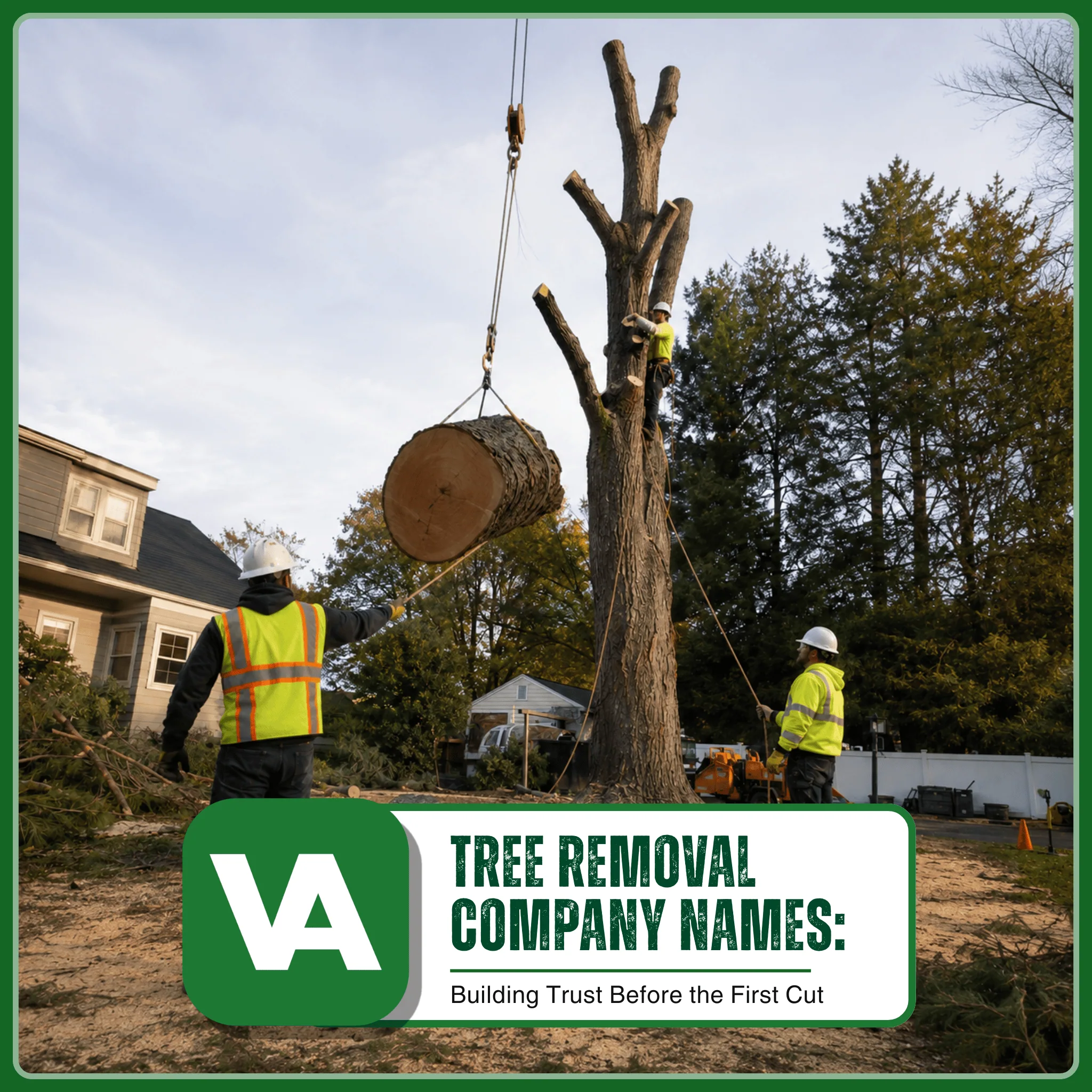 Professional tree removal crew safely lowering a large tree section using rigging equipment — tree removal company names guide by Valpo Agency