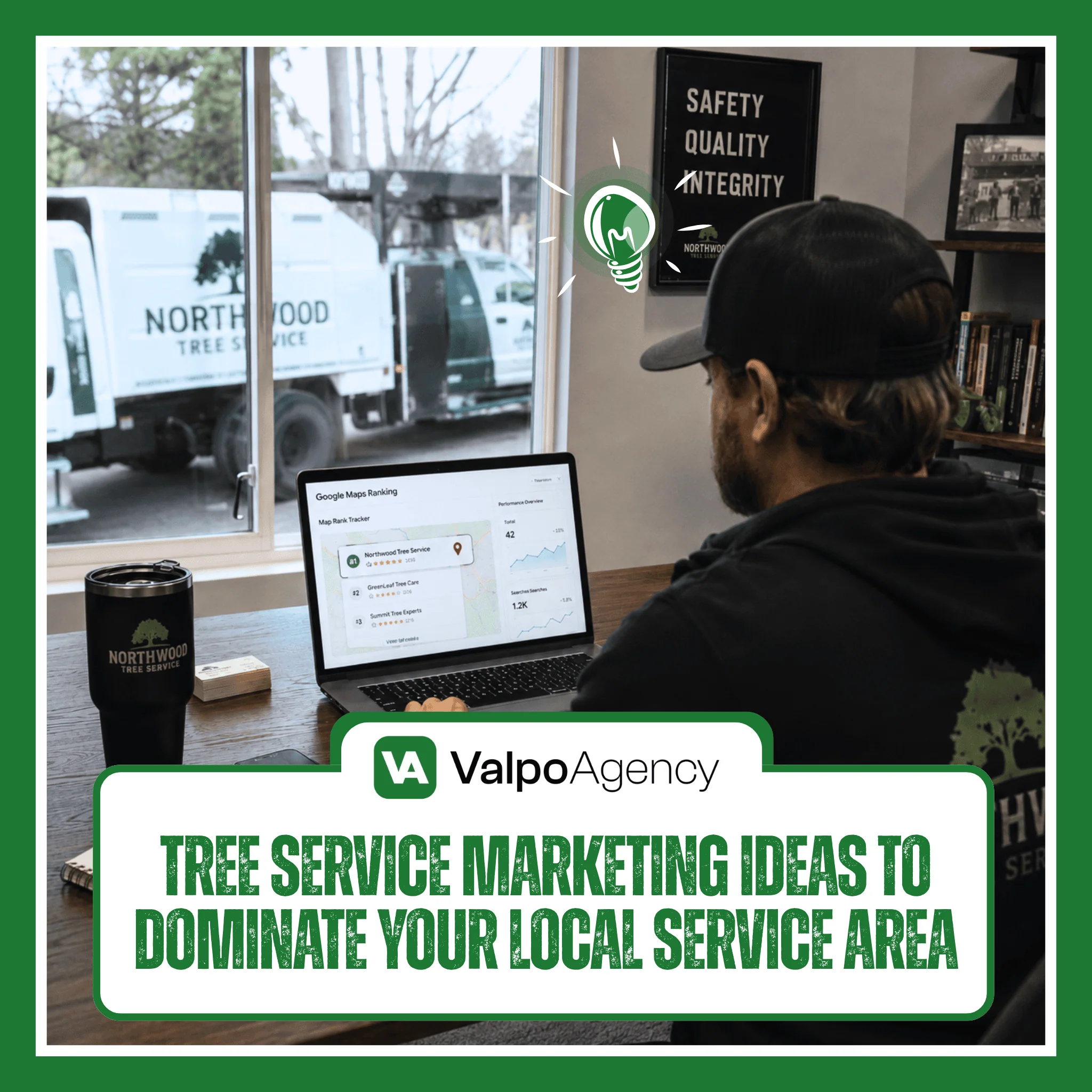 Tree service business owner reviewing local marketing analytics on laptop with branded truck visible through window and Google Maps top position on screen, Valpo Agency tree service marketing ideas guide