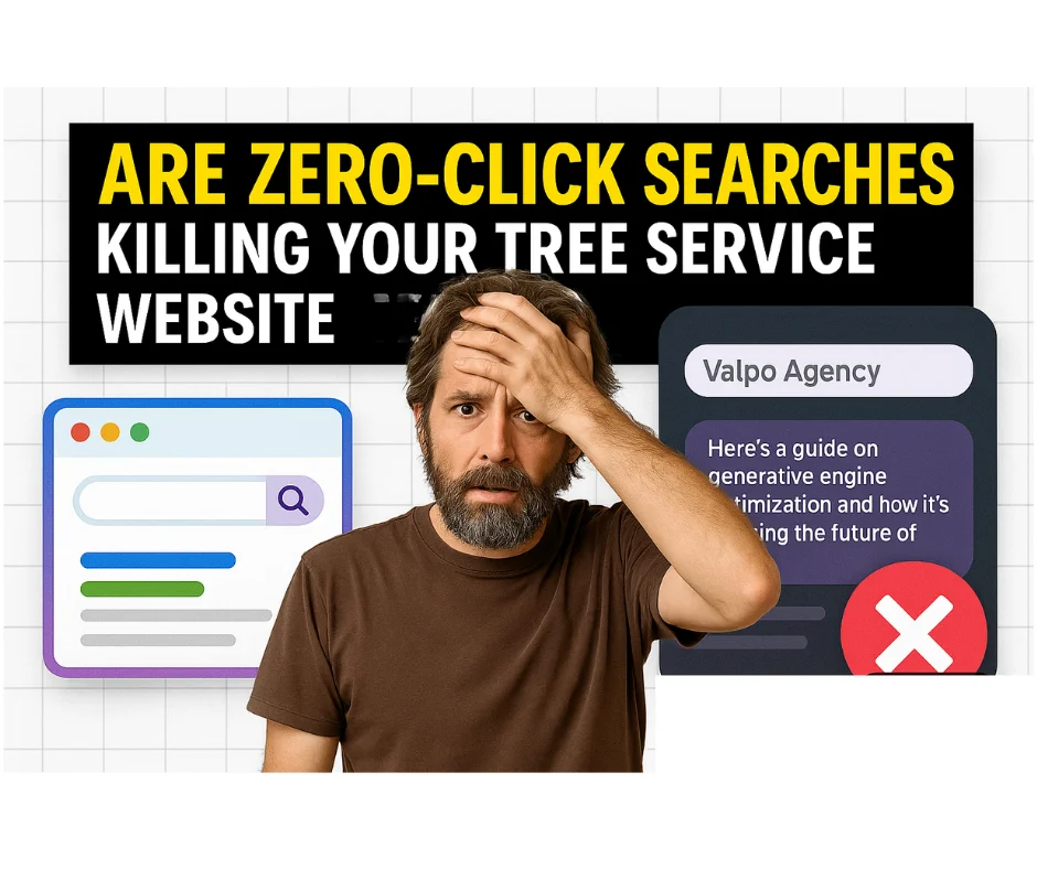 zero-click searches tree service-A stressed-out tree service business owner reacting to zero-click search results and declining website traffic, with search engine graphics in the background.