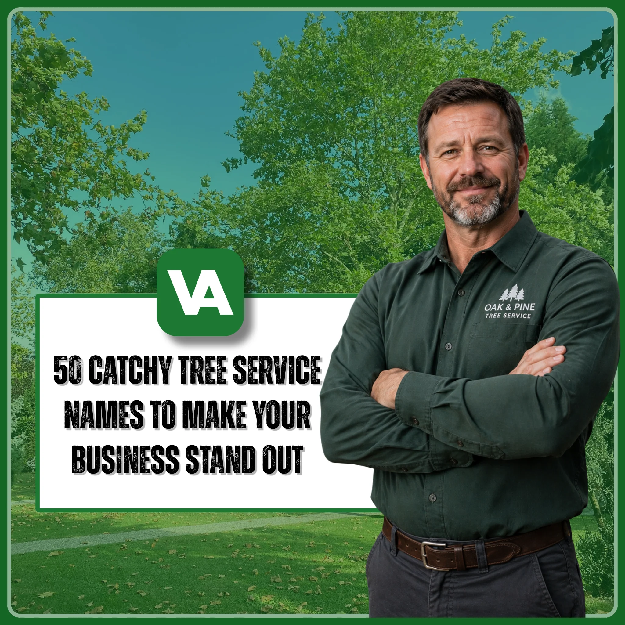 Tree service business owner standing confidently with arms crossed in front of trees — 50 catchy tree service names guide by Valpo Agency